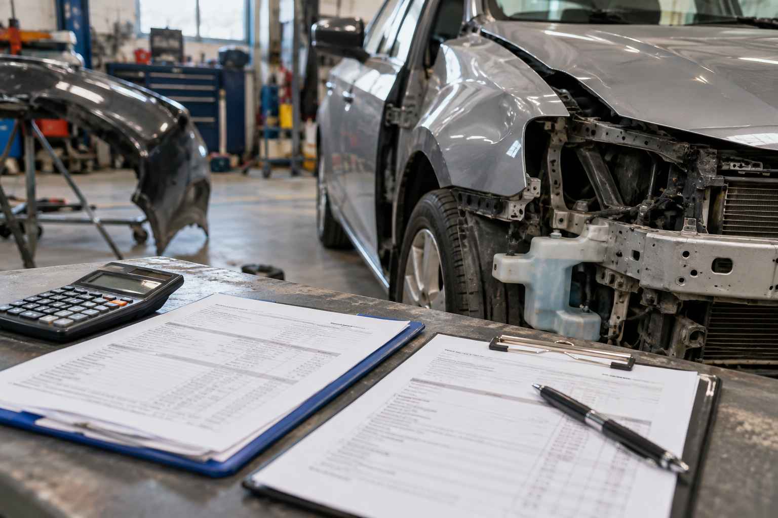 Damaged gray car with missing front bumper beside repair estimates and a calculator in an auto body shop.