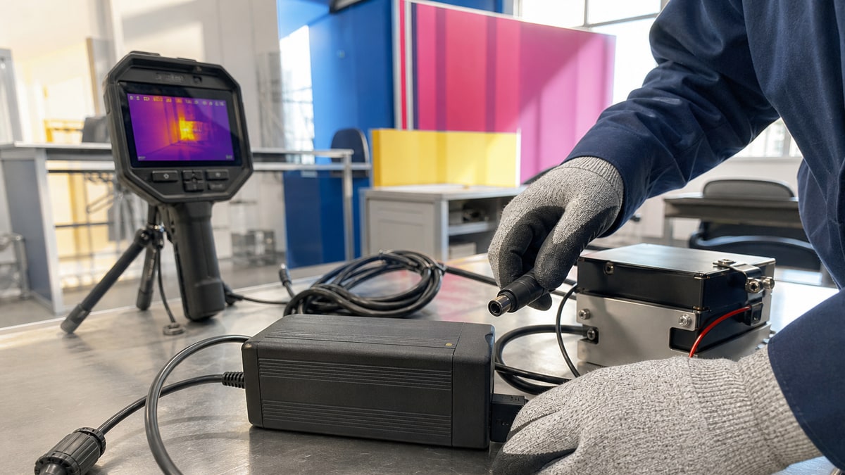 Gloved hands connect an unbranded e-bike charger to test equipment on a lab bench