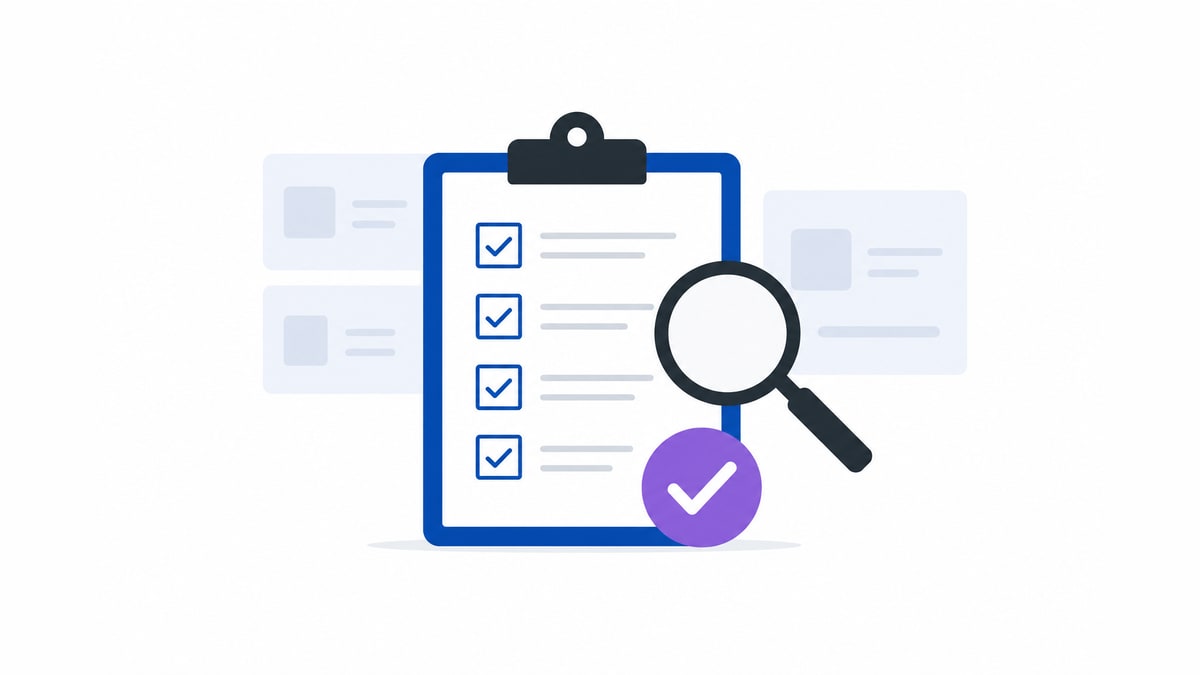 Blank compliance-themed illustration with a clipboard, magnifying glass and checkboxes