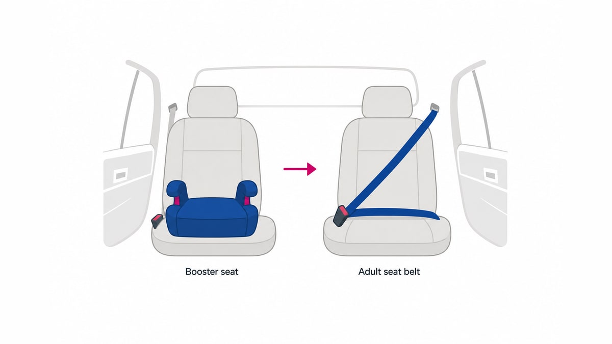 Two-step graphic showing a booster seat before an adult seat belt
