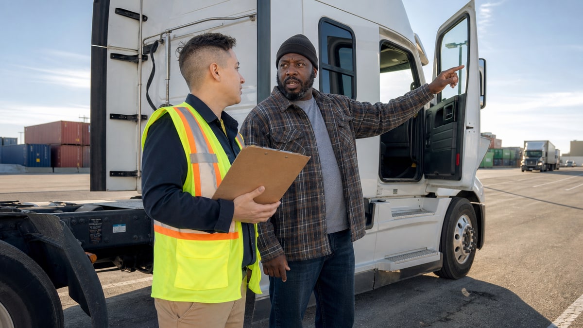 Dispatcher speaks with a truck driver beside an unbranded cab in a sunlit freight yard.