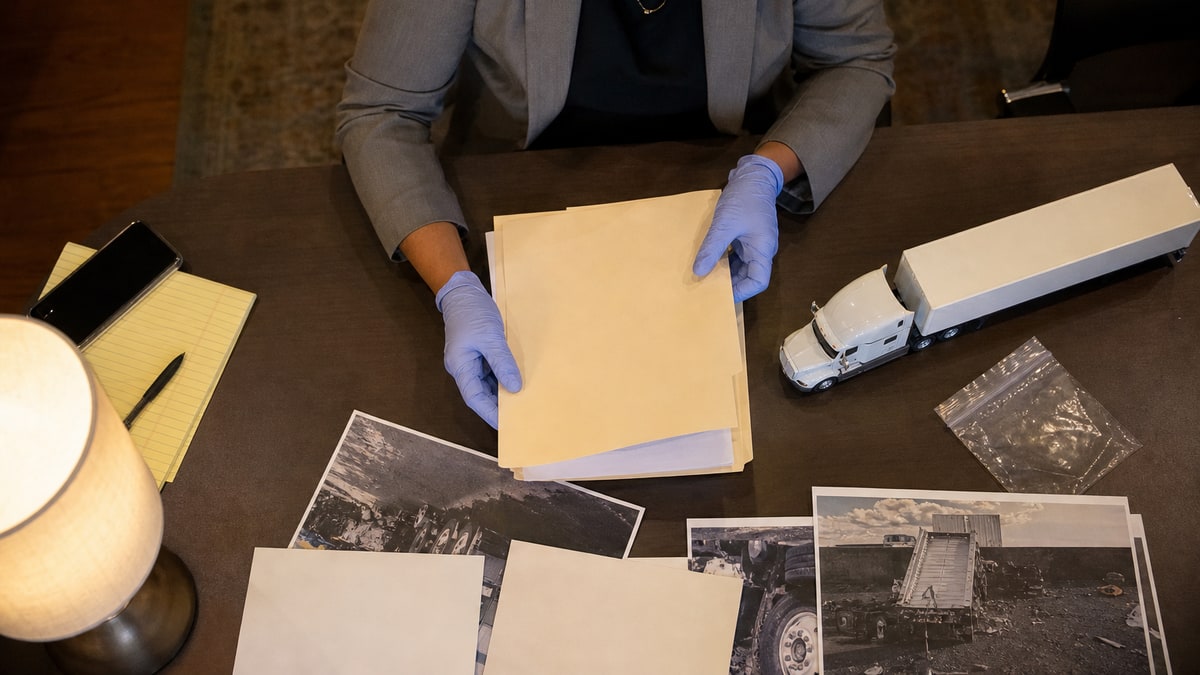 Gloved legal investigator opens an unmarked driver qualification folder on a law office table.