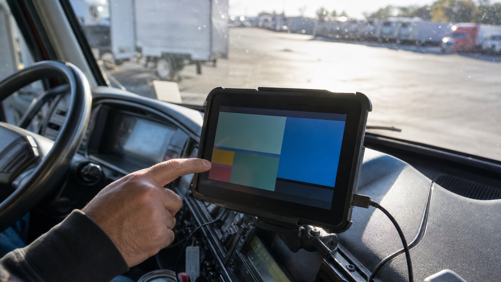 A truck cab dashboard with a centered electronic logging tablet and a driver's hand nearby
