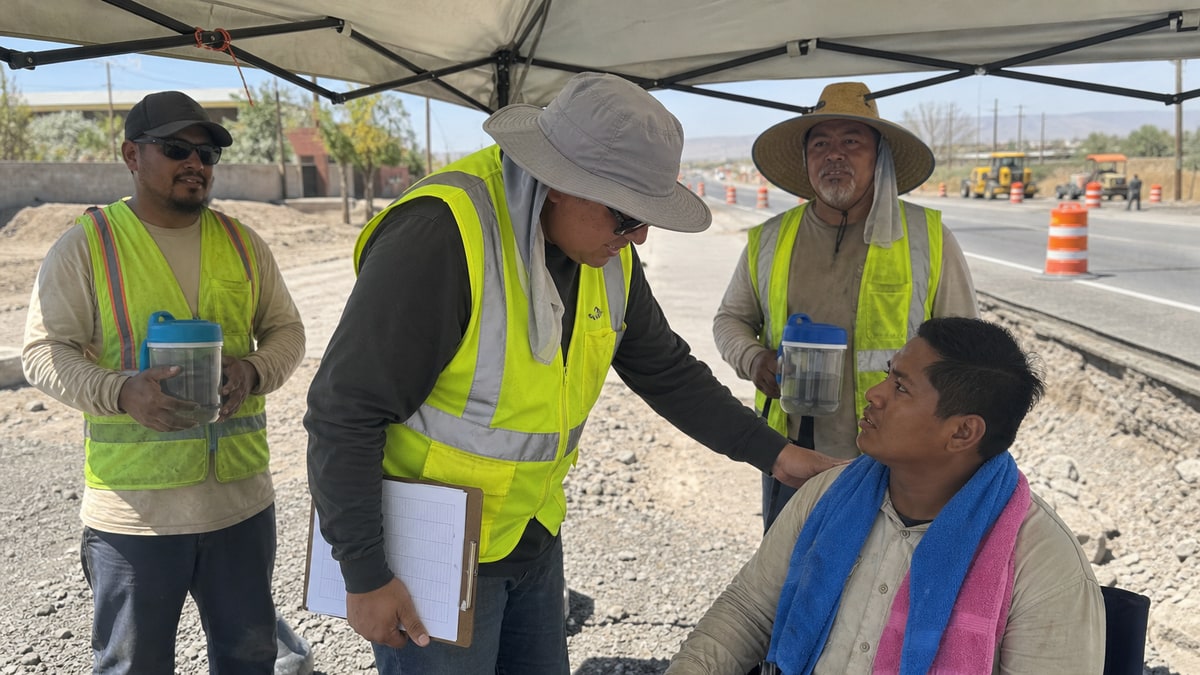 Supervisor checks on a road worker under a shade canopy at a bright outdoor worksite