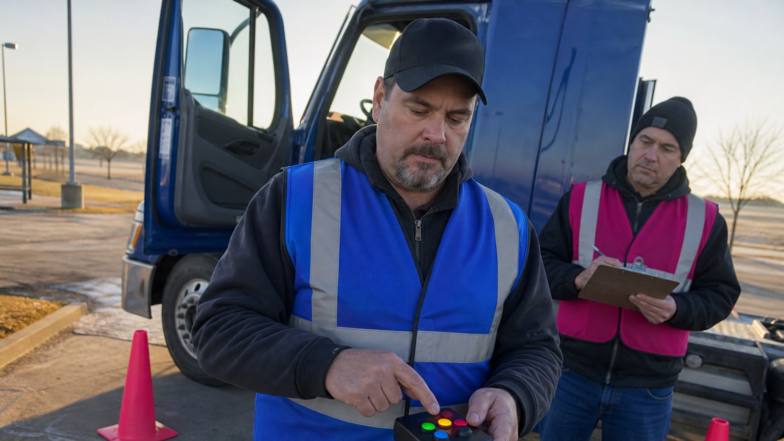 Truck driver completing an alertness check beside a parked rig at dawn