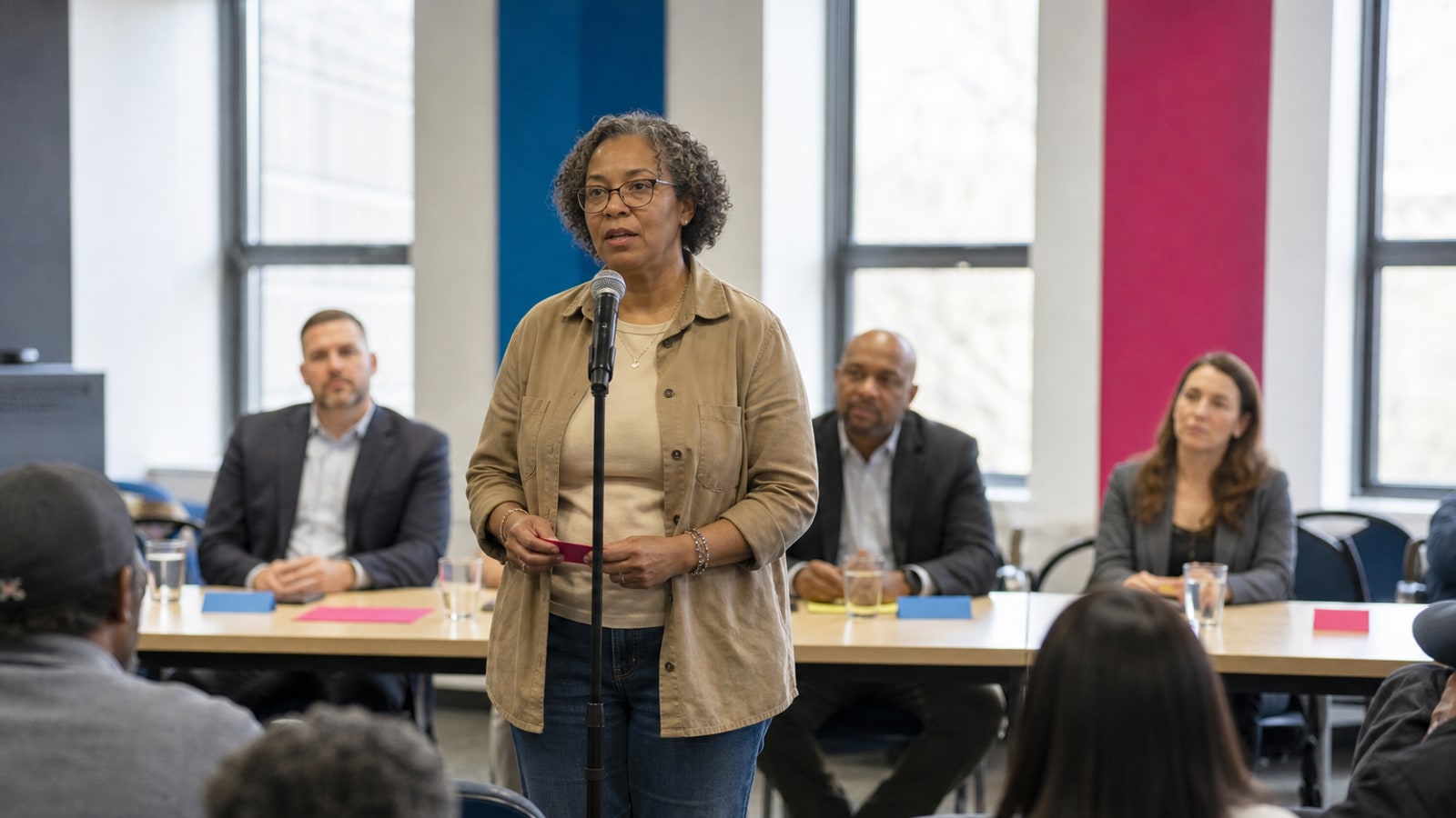 A person speaks at a microphone in a public meeting room as staff listen behind a table.