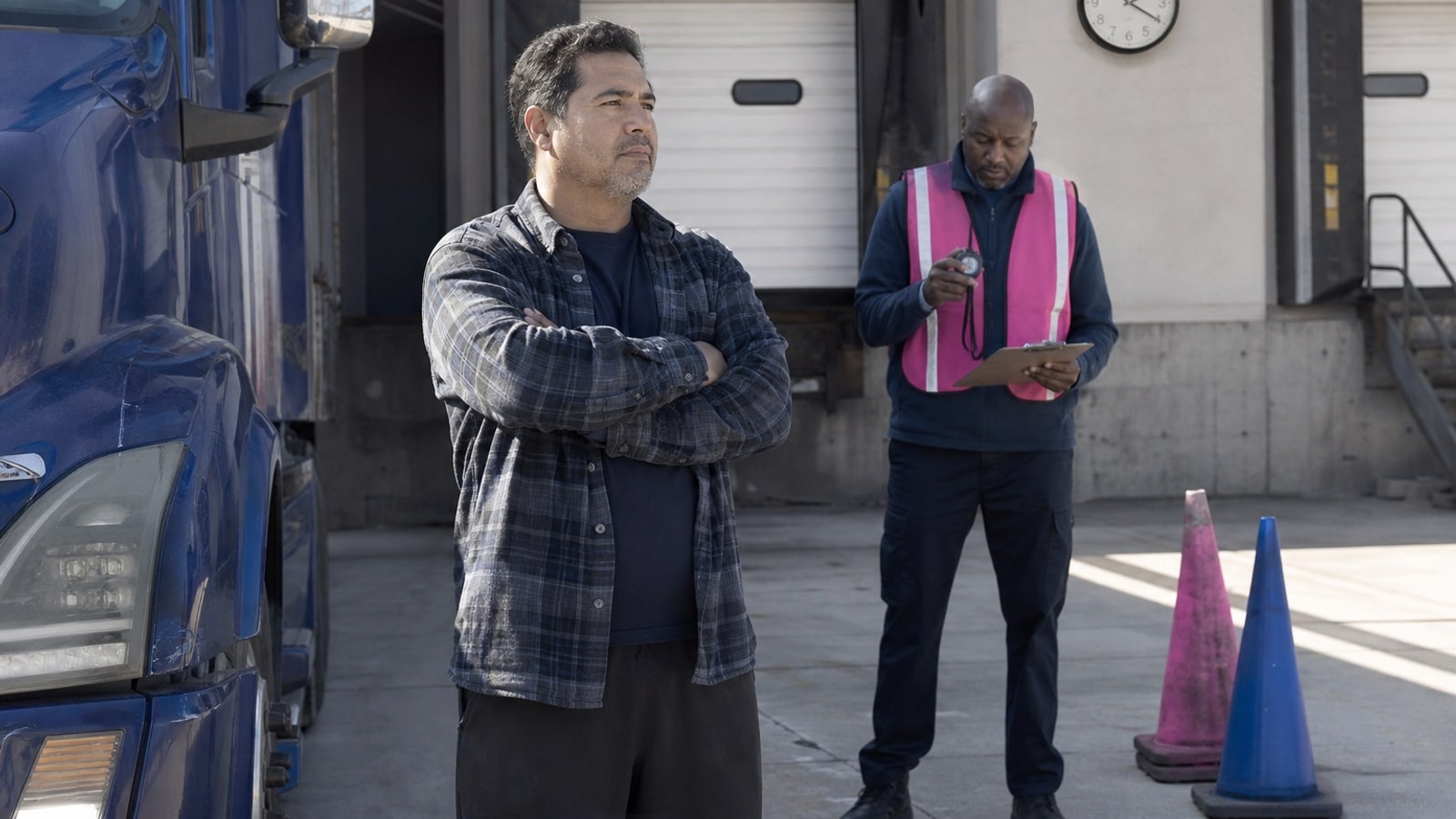 Truck driver waits at a loading dock while an observer holds a stopwatch and clipboard