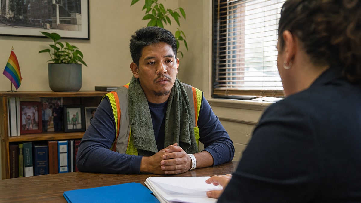 Worker in safety vest meets an attorney beside blank forms and a cooling towel