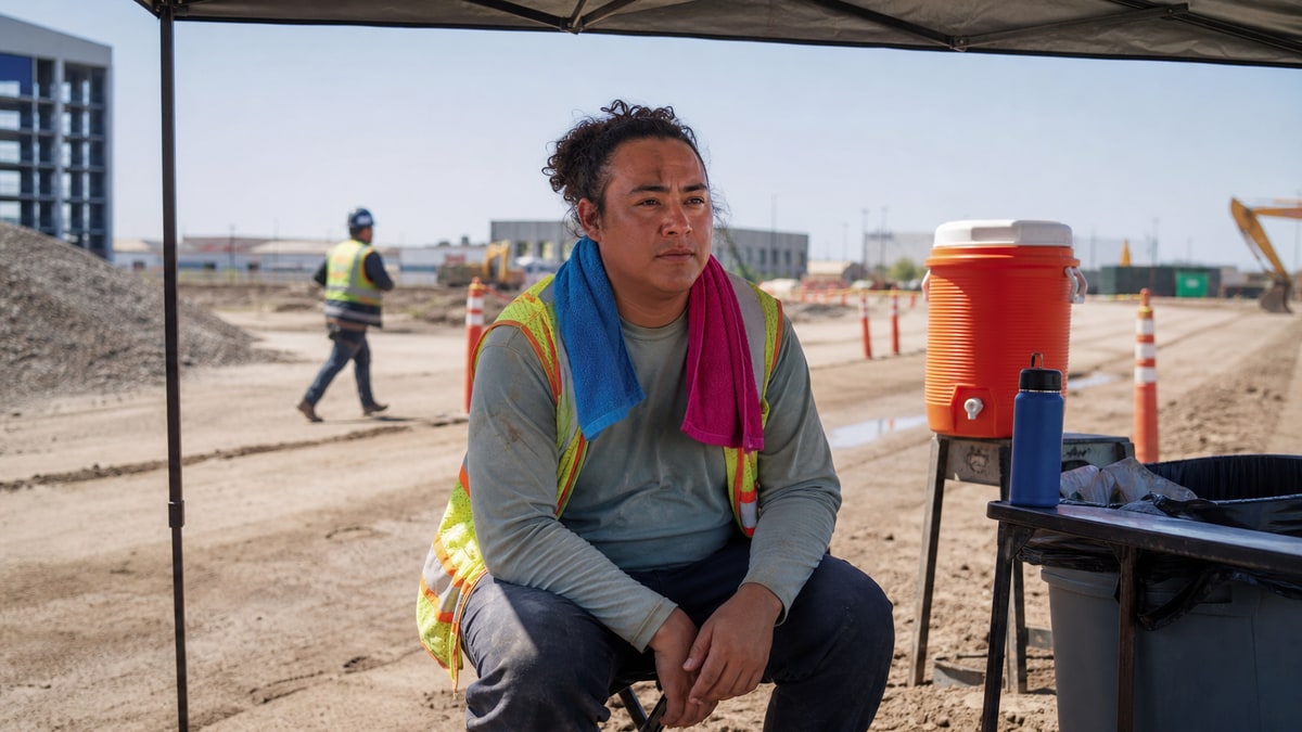 Worker rests under a shade canopy with water beside a sunlit work area.