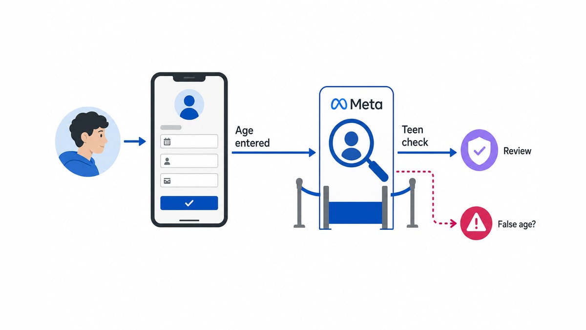 Phone age form, teen avatar, Meta checkpoint and warning marker for a possible false age