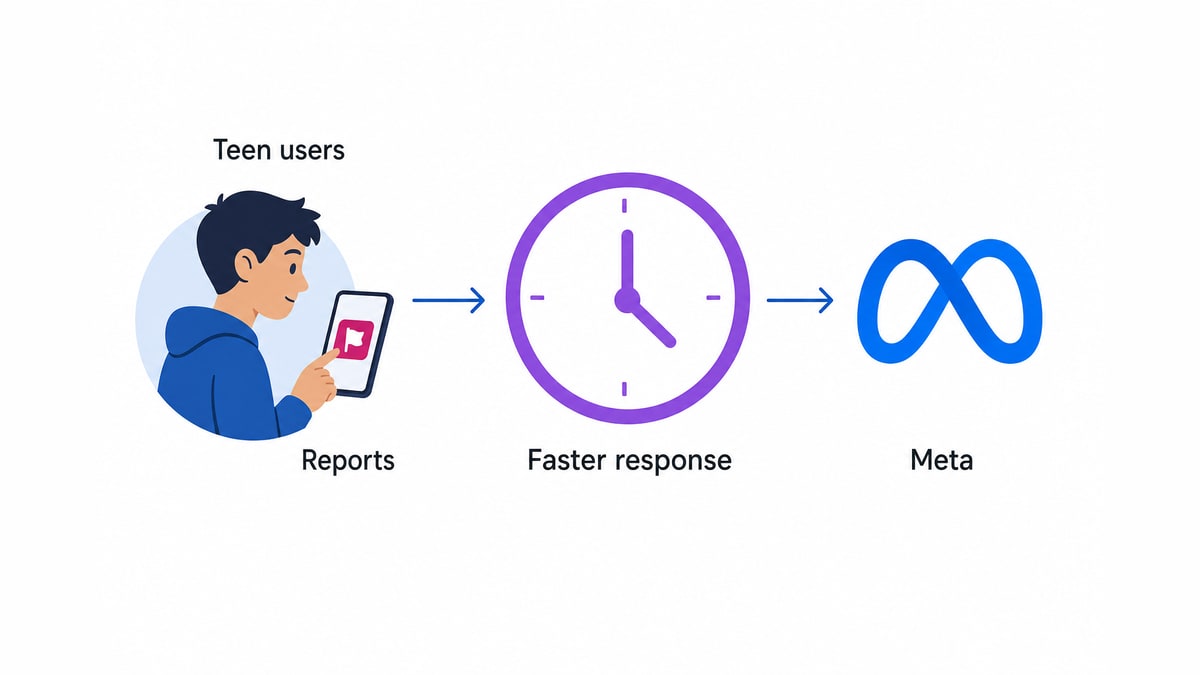 Flow graphic showing a teen report moving through a clock symbol toward Meta