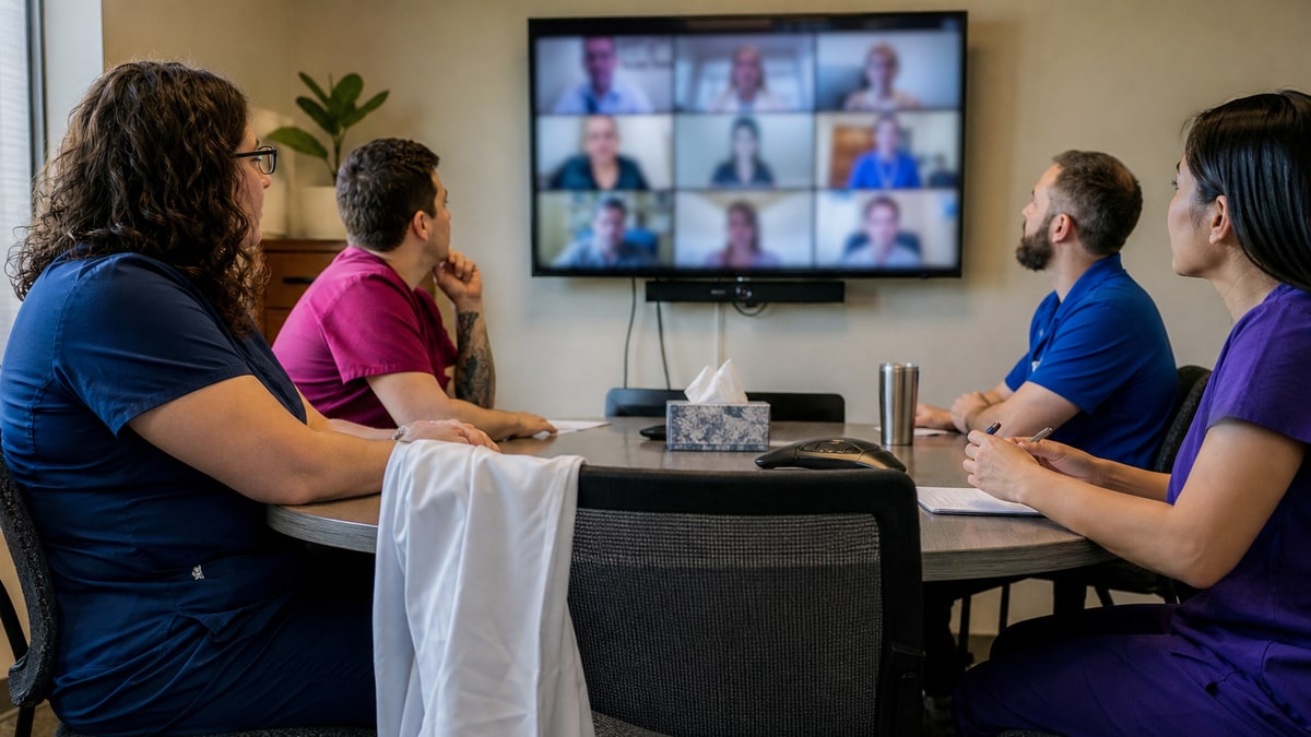 Empty chair at the center of a hospital team meeting with blurred video callers on a monitor