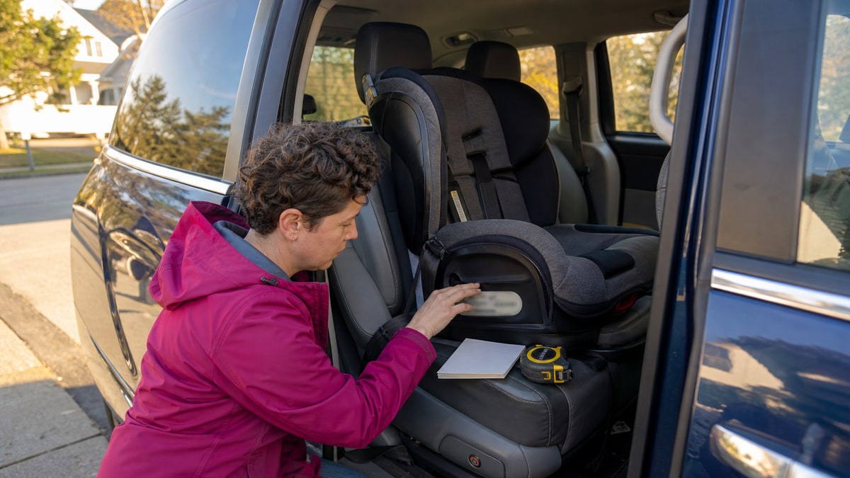 Caregiver kneels by an open minivan door and checks the side of an installed child car seat.