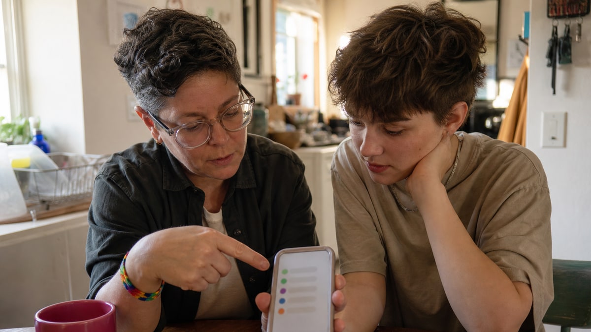 Parent and teen at a kitchen table looking at a phone with blurred settings icons.