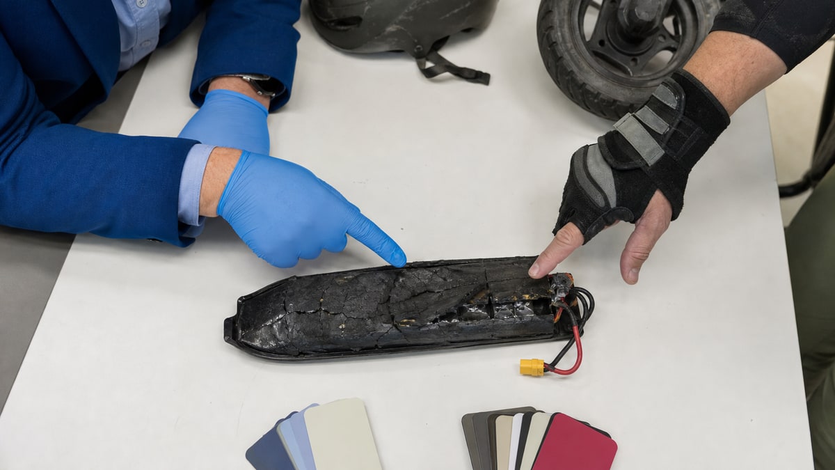 Gloved hands examine a damaged e-scooter battery on a law office evidence table.