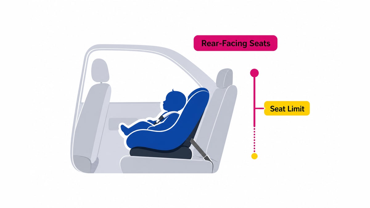 Side-view illustration of a rear-facing child car seat with a simple seat limit gauge