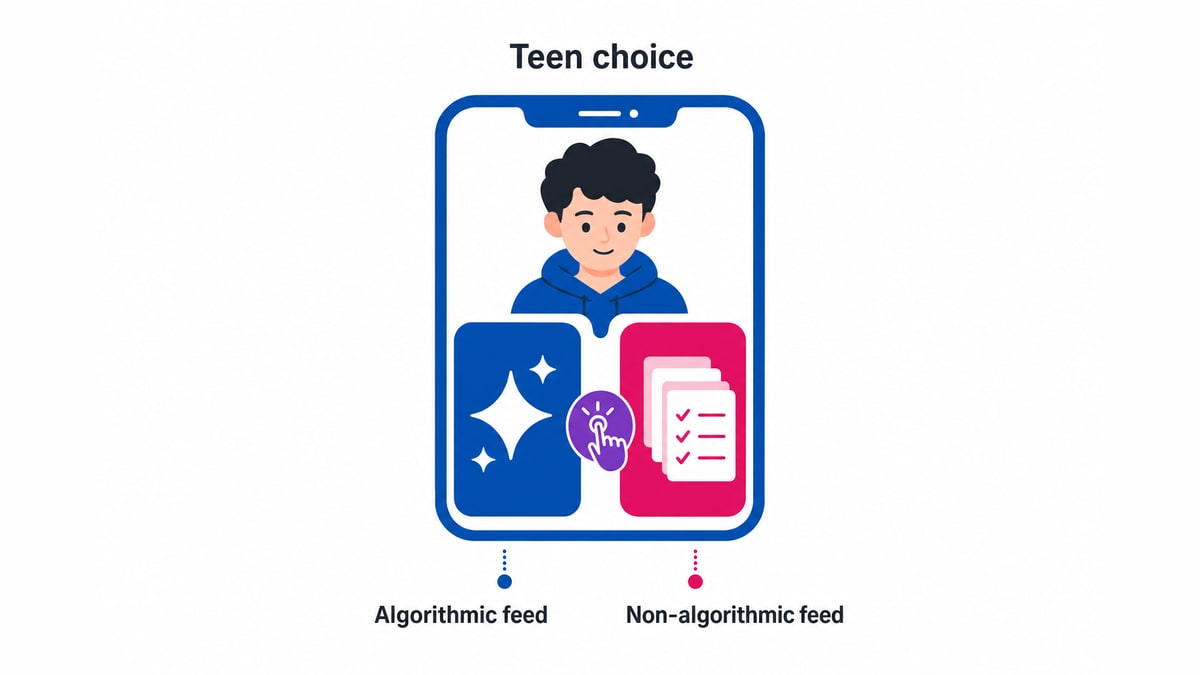 Phone screen split between algorithmic and non-algorithmic feed options for teens