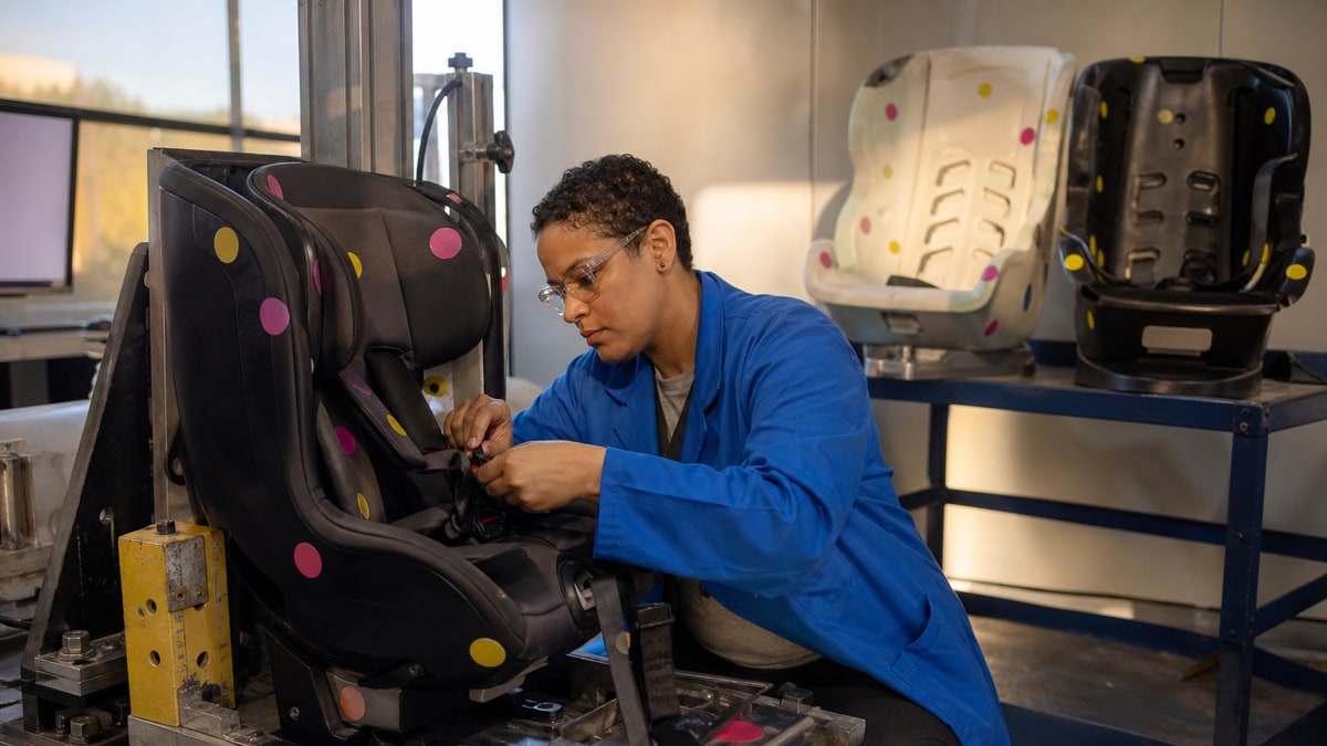 Technician adjusts a child car seat on a crash-test sled in a small safety testing workshop.