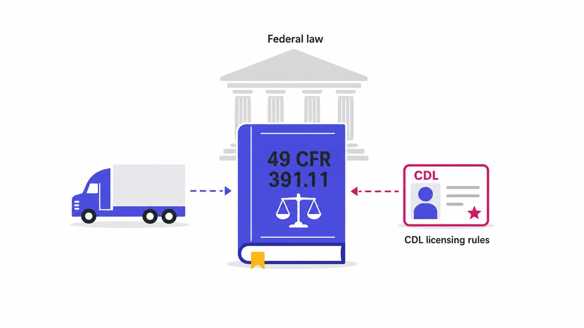 Illustrated rulebook labeled 49 CFR 391.11 beside a CDL card and truck icon