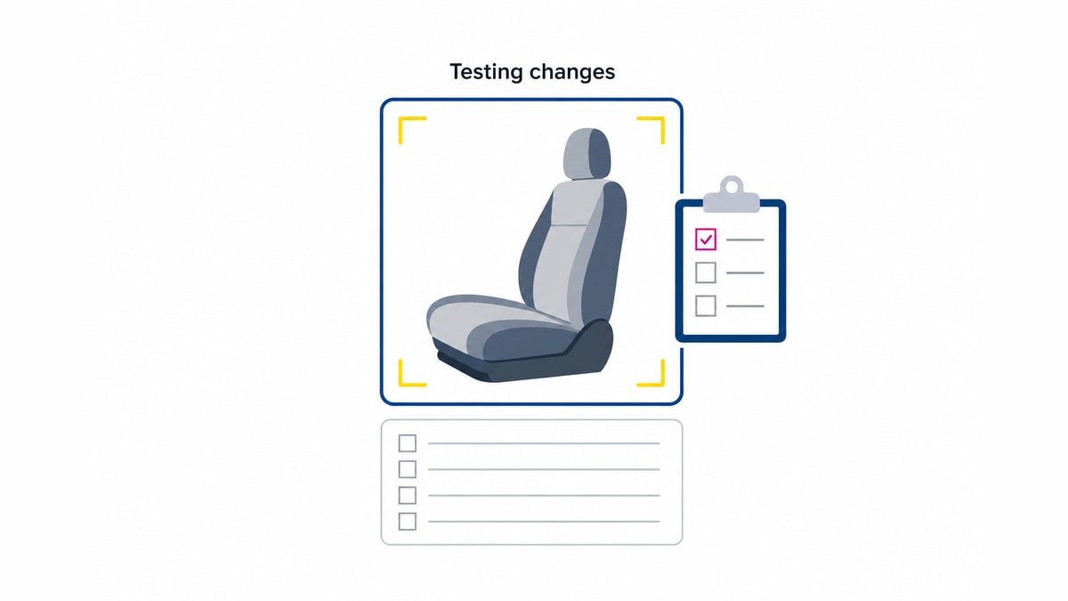 Simple car seat icon inside an inspection frame with a clipboard