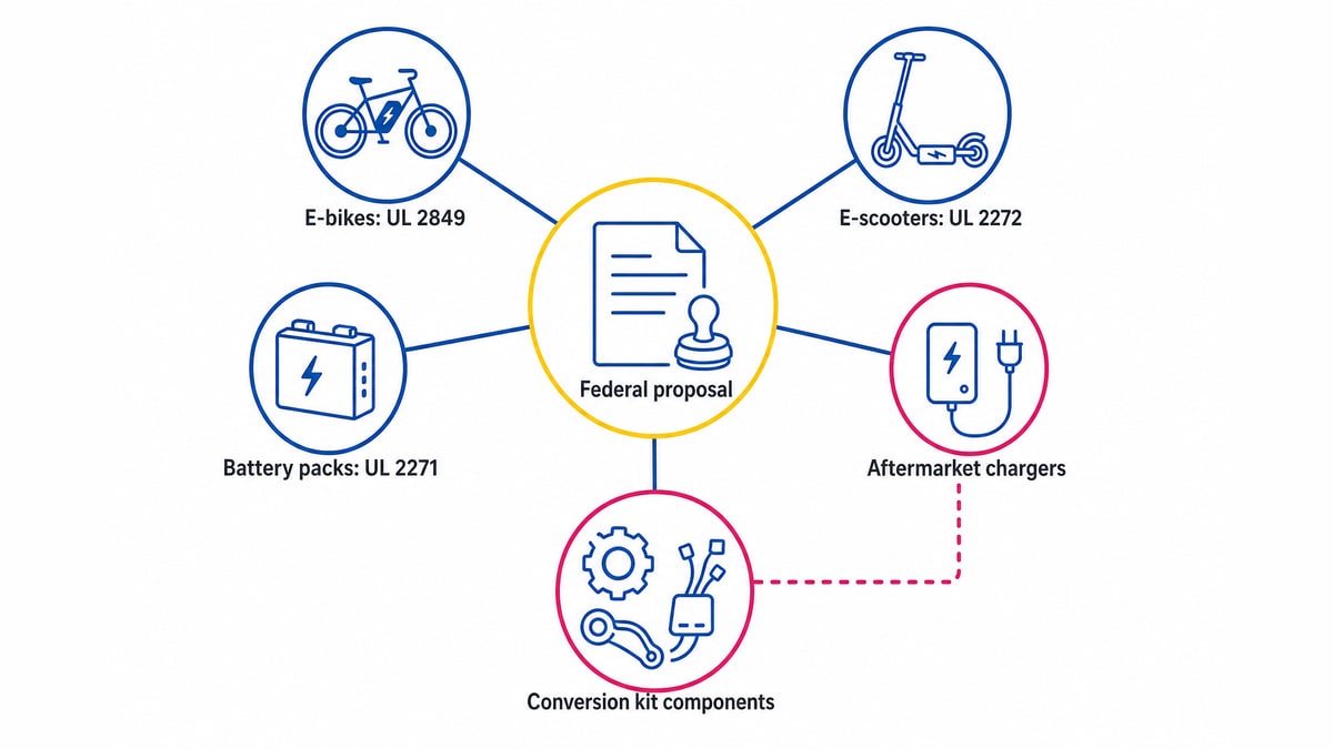 Hub-and-spoke diagram linking federal proposal to e-bikes, e-scooters, battery packs, chargers and kits
