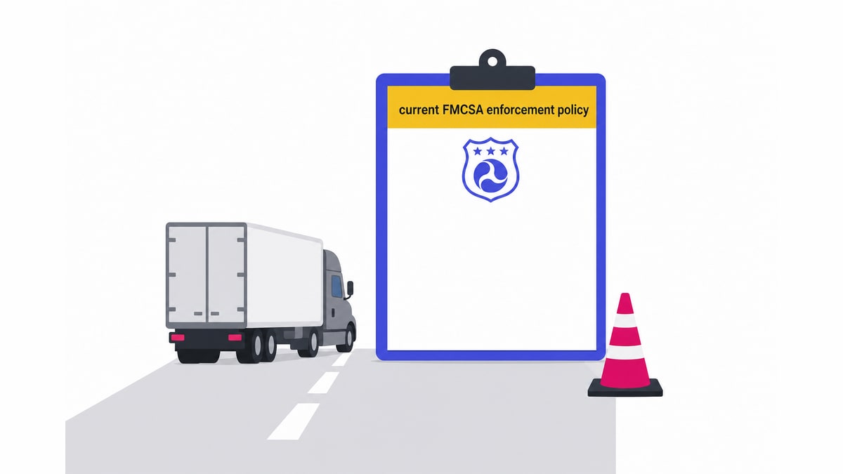 Roadside checkpoint illustration with a clipboard labeled current FMCSA enforcement policy