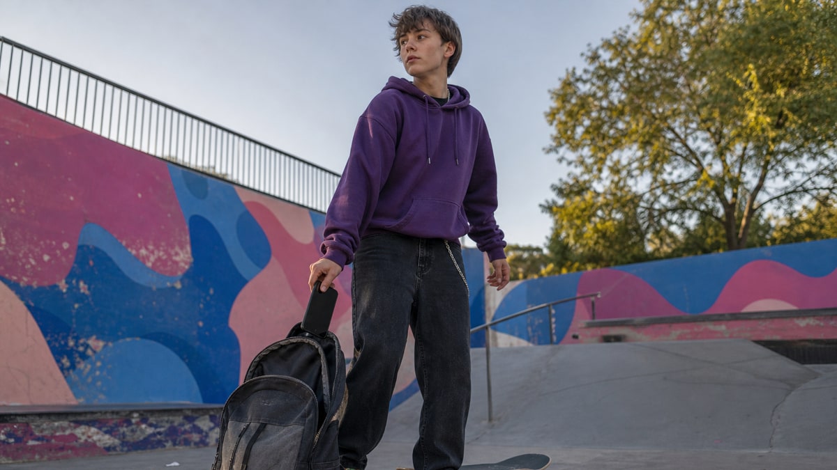 Teen at a skate park puts a dark-screen phone into a backpack beside a skateboard