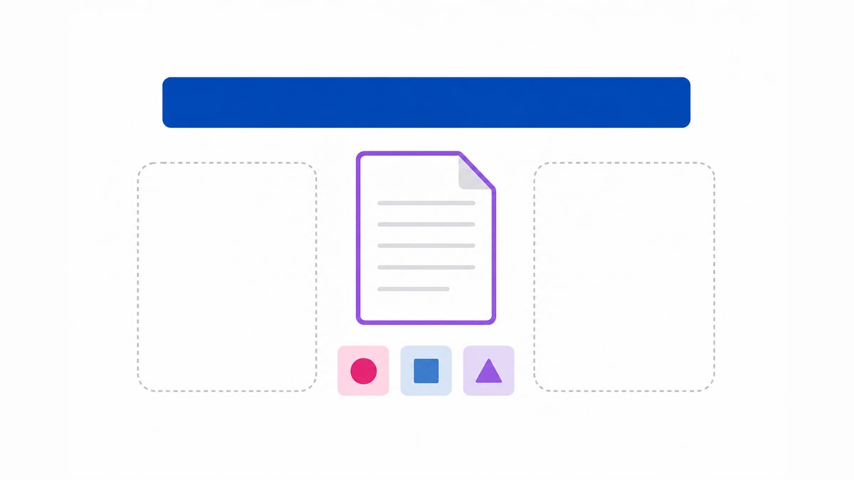 Minimal editorial card with a blank document icon and empty callout boxes
