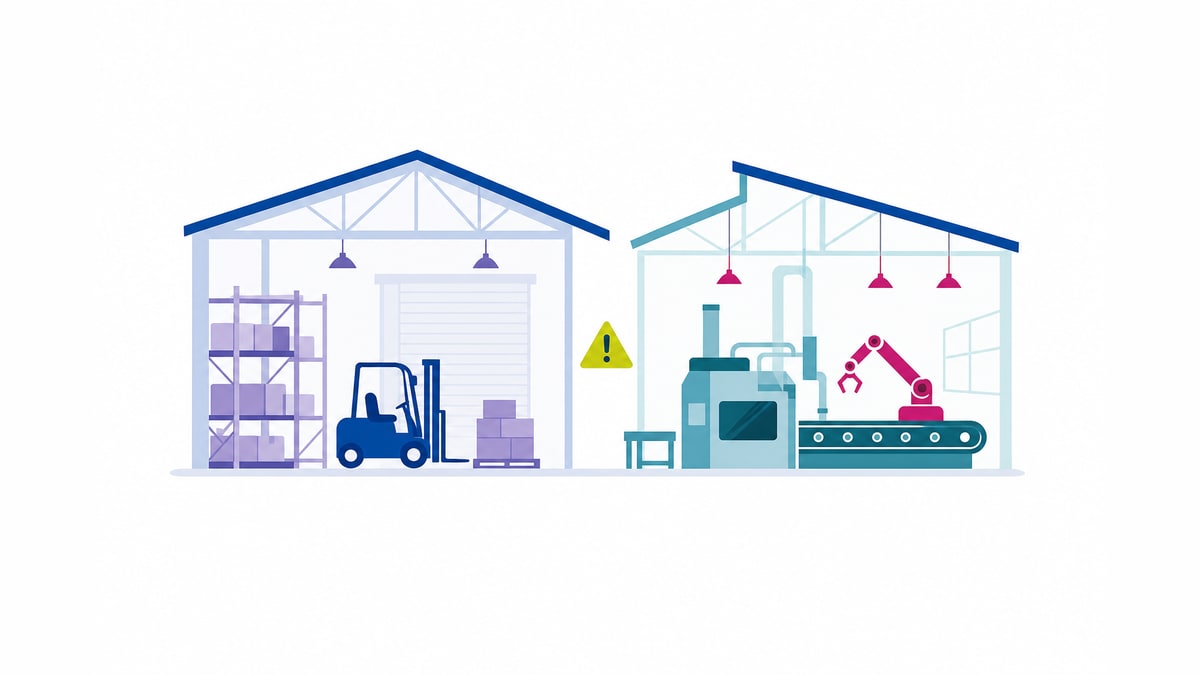 Simplified warehouse and factory interior with a small warning triangle and no data labels