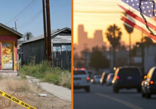 Split image showing a run-down building with "crime scene" tape on one side and a busy city street with cars and palm trees on the other, overlayed with the outline of California filled with the American flag