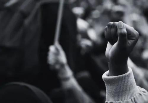 Black and white photo of a clenched fist during protest