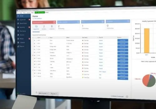 A comprehensive inventory management system, displaying equipment details, due dates, and associated actions