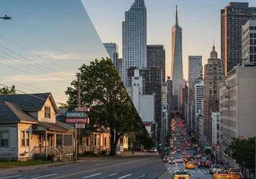 A stark contrast between a residential street and a bustling city thoroughfare