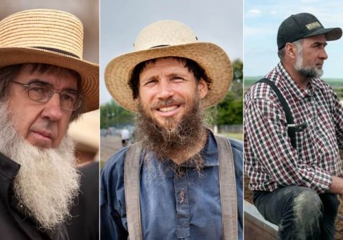 Photo divided in three sections, showing Amish, Mennonite and Hutterite