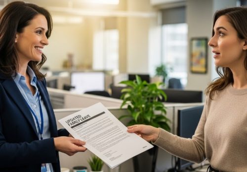 An employee hands an "Updated Family Leave" document to a colleague in a modern office setting