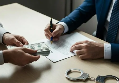 A person gives money to bail agent