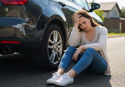 A woman sits dejectedly beside a damaged car, her head in her hands