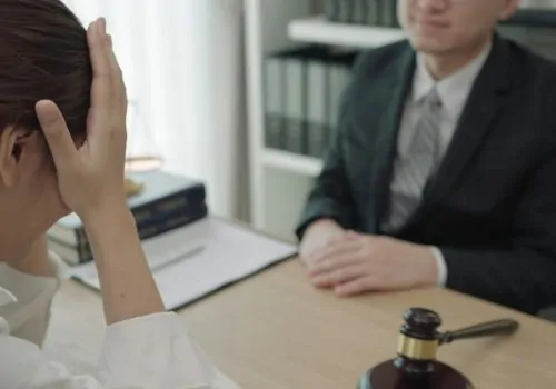 A client's distress is palpable during a meeting with her lawyer