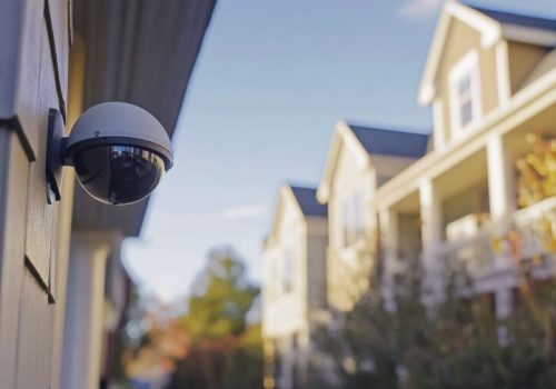 Dome security camera attached to the exterior wall of a home, with residential buildings visible in the background