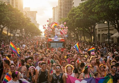 People celebrating pride day on streets of Honolulu