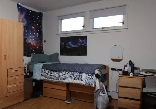 College room with bed and other furniture