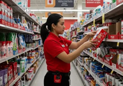 Friendly Target staff member positioned within the store's well-stocked environment