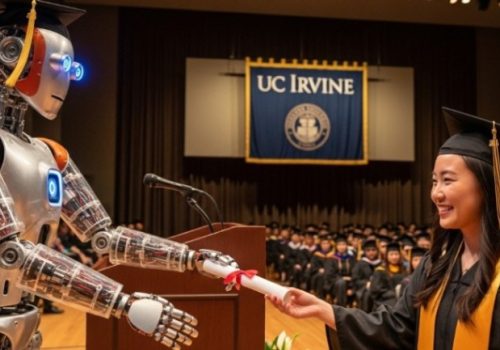 A woman in a graduation gown shakes hands with a robot, symbolizing the fusion of education and technology