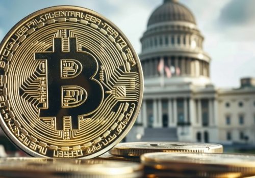 Detailed macro shot of a digital currency token set against the imposing architecture of the Capitol dome