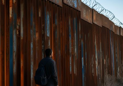 A man looking at tall border wall