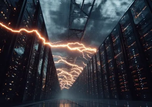 Electric energy streaks above long rows of servers inside a large data center